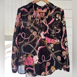 New York & Company Black Floral Chain Blouse